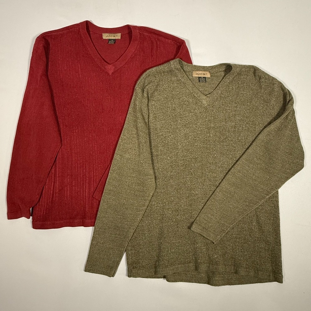 Lot of 2 AXIST Men's‎ Pullover Sweater L Green and Burgundy V-neck Long sleeve